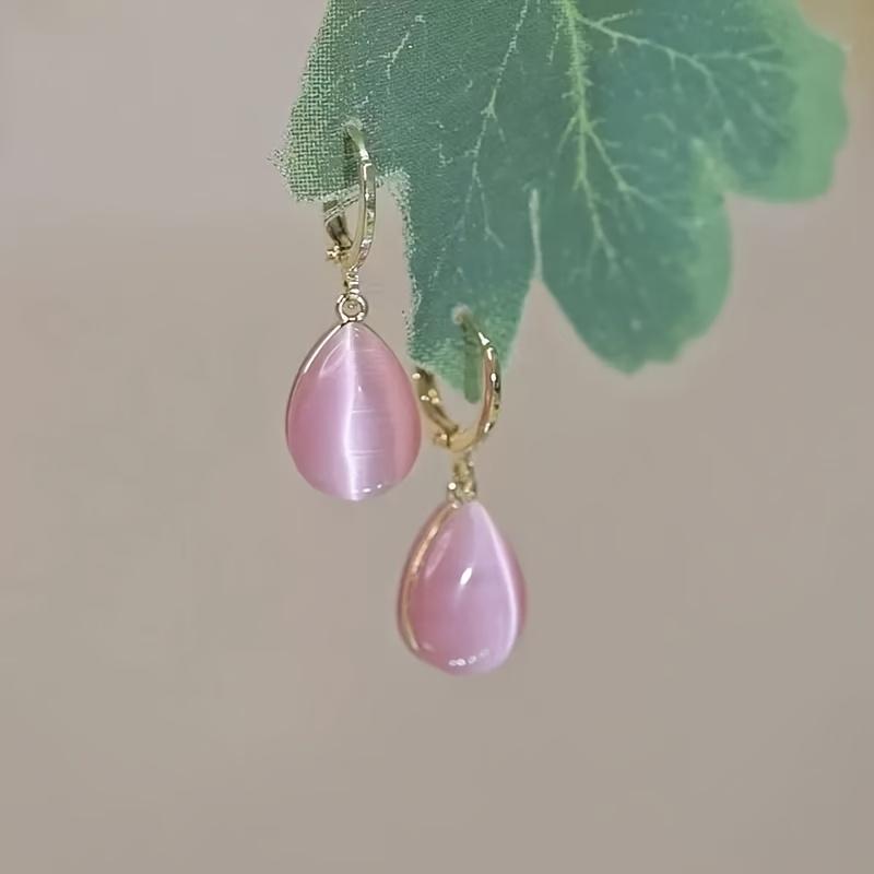 1 Pair Minimalist Elegant Double-Sided Cat Eye Stone Earrings for Women - Golden-Tone Metal Teardrop Dangle Earrings, Versatile for Daily Wear Parties