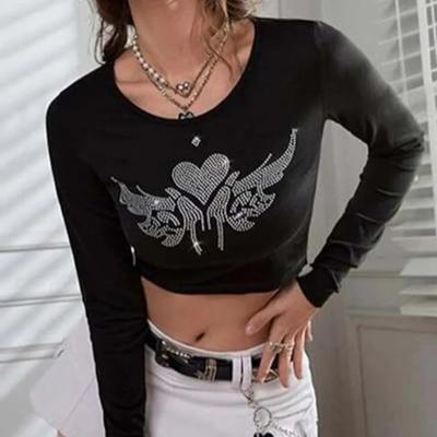 European and American Retro Y2K Casual Hot Stamping Diamond Heart Print Gothic Slim Fit Top