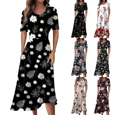 Κυρίες Casual Μόδα Ντεγκραντέ Μοτίβο V-Λαιμόκοψη Κοντομάνικο Μέση Μακρύ Φόρεμα με Κίνηση