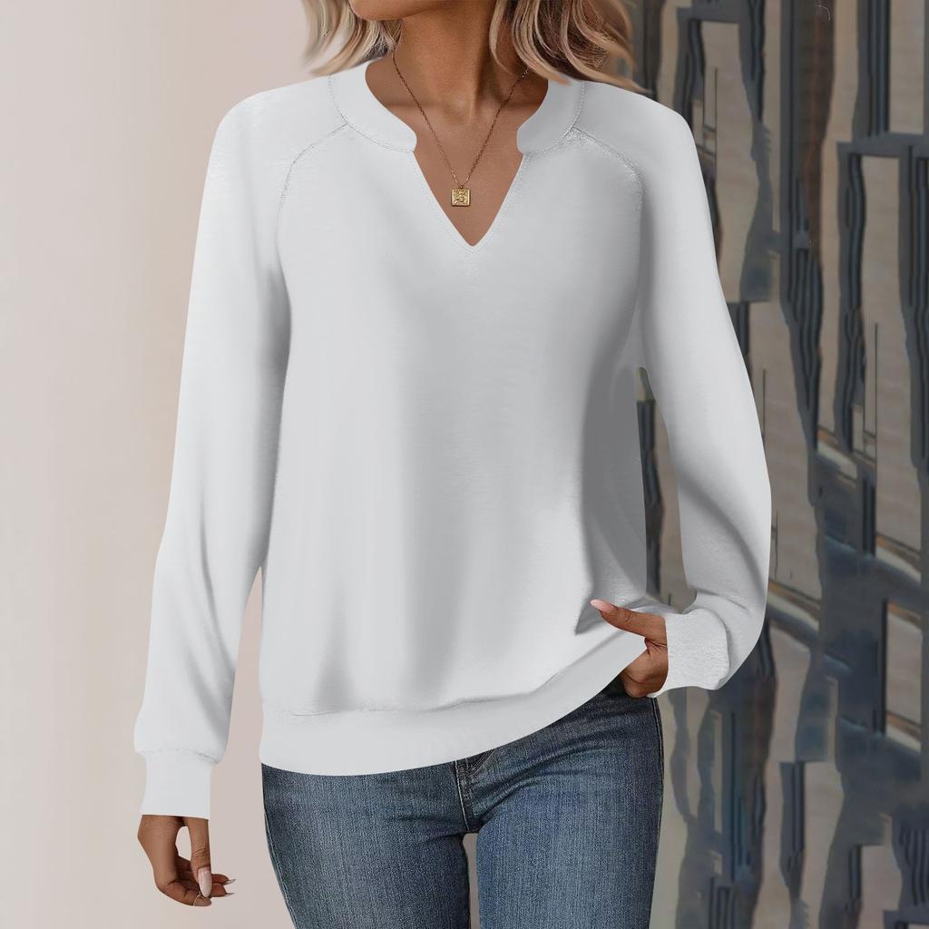 Damen Casual Langarm V-Ausschnitt Sweatshirt Einfarbig Lose Pullover Top