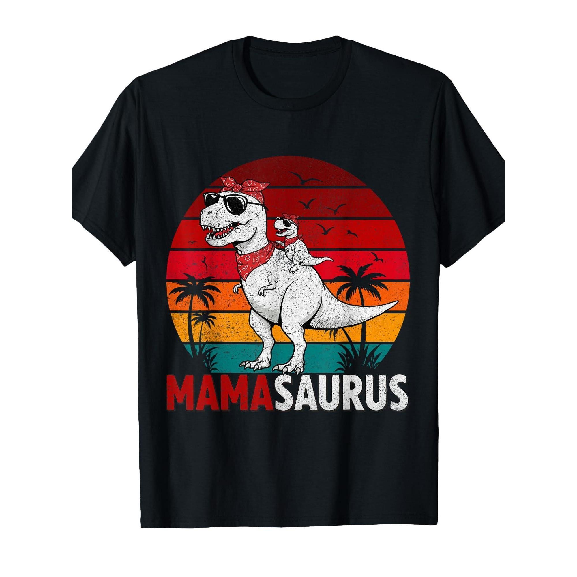Mama Saurus T-Rex Mom and Baby Dino Graphic Tee Retro Sunset Palm Trees Casual Gift T-Shirt - Men s Summer Cotton Graphic Tee S