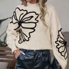 Damen Pullover mit Rollkragen, langen Ärmeln, Strick, lockerer Passform, mit Blumenstickerei