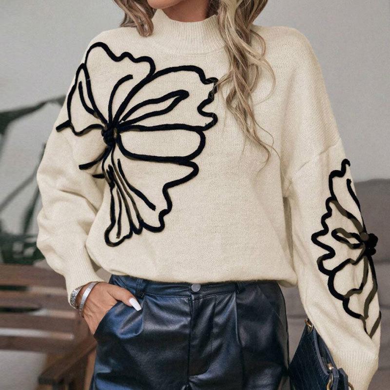Damen Pullover mit Rollkragen, langen Ärmeln, Strick, lockerer Passform, mit Blumenstickerei