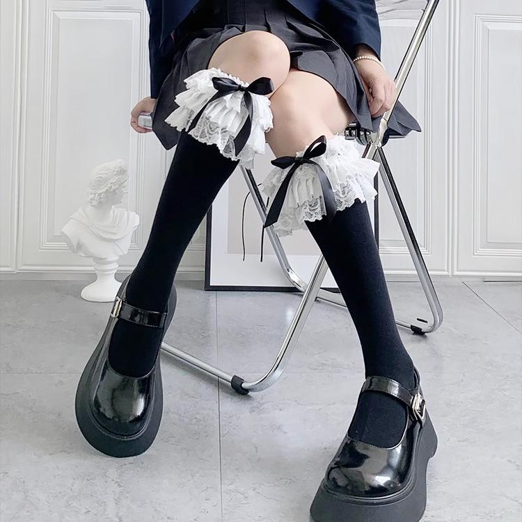 Kawaii Lolita Lace Calf Stockings Multi Layer Bow Cotton Jk Japanese Long Stockings Vintage Gothic Palace Cosplay Accessories