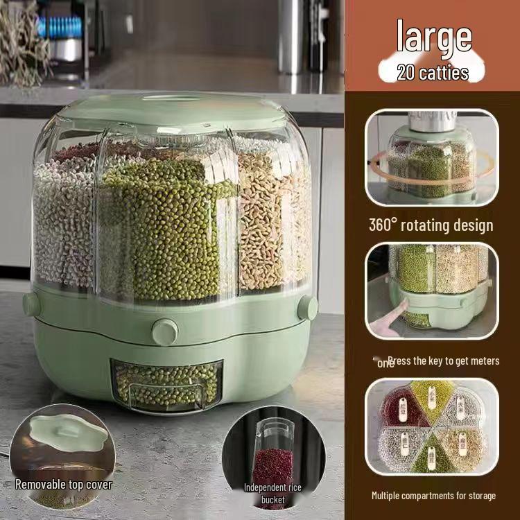 

Вращающийся дозатор риса: Контейнер для хранения, защищенный от насекомых и влаги, с разделенными отсеками для зерна