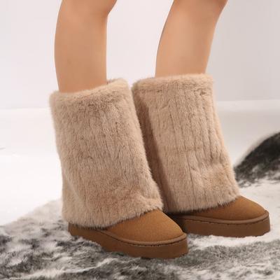 Modische Schuhe für Damen Neue Damenstiefel Winter Runde Zehenpartie Uni Flock Plüsch Warm Mittelhoch Wasserdicht Lässige Schneestiefel