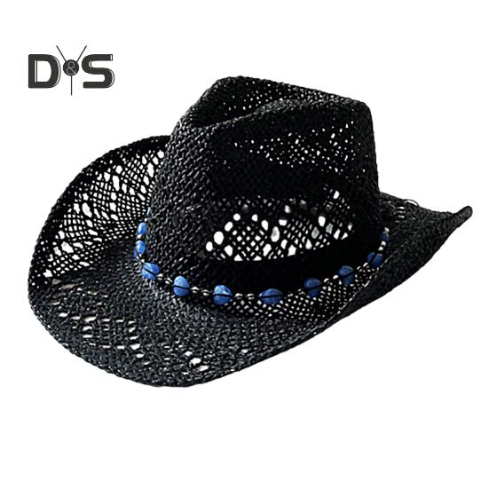 Summer Straw Hat Hollow Out Foldable Adjustable Bead Decor Curled Edge Windproof Strap Western Cowboy Style Solid Color Outdoor Cap