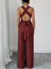 European Women's 2025 V-Neck Backless Cross-Waist Wide-Leg Jumpsuit