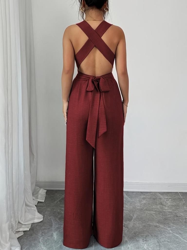 European Women's 2025 V-Neck Backless Cross-Waist Wide-Leg Jumpsuit