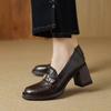 British high-heeled camellia small leather shoes spring thick heel round head platform single shoes loafers