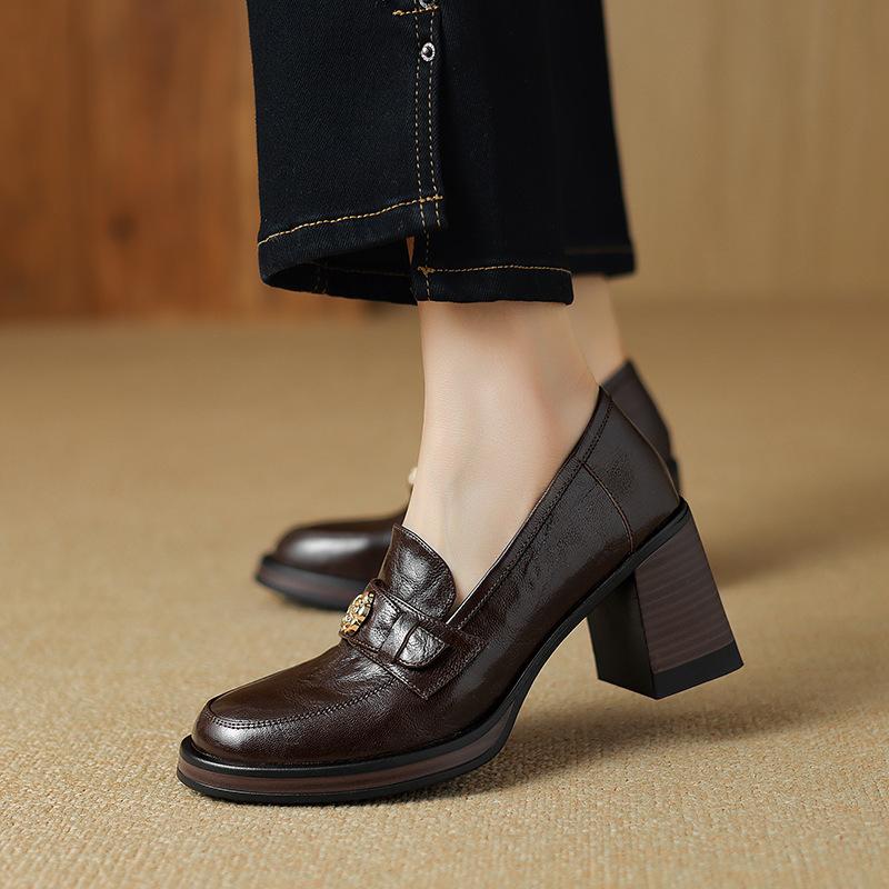 British high-heeled camellia small leather shoes spring thick heel round head platform single shoes loafers