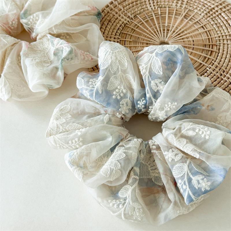 Translucent Embroidery Flower Hair Ties Sheer Aesthetic Floral Scrunchies Romantic Bride Maid Hair Jewelry For Women