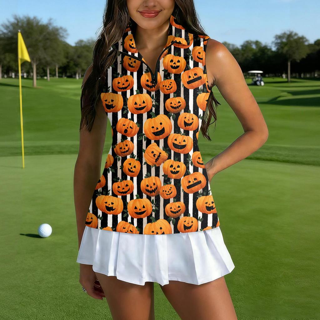 Women's Sleeveless Golf Shirt with Zipper and Halloween Print for Casual Sports Wear