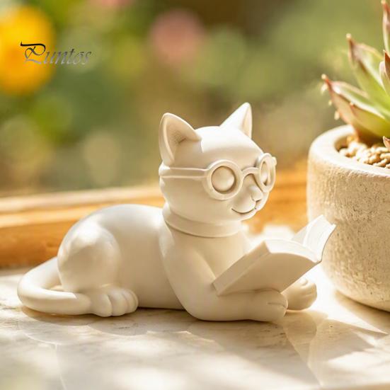 Desktop Ornaments for Office 3D Printed Reading Cat Figurine, Decorative Statue with Eyeglasses, Sculpture Creative Animal Ornament Home Bookshelf