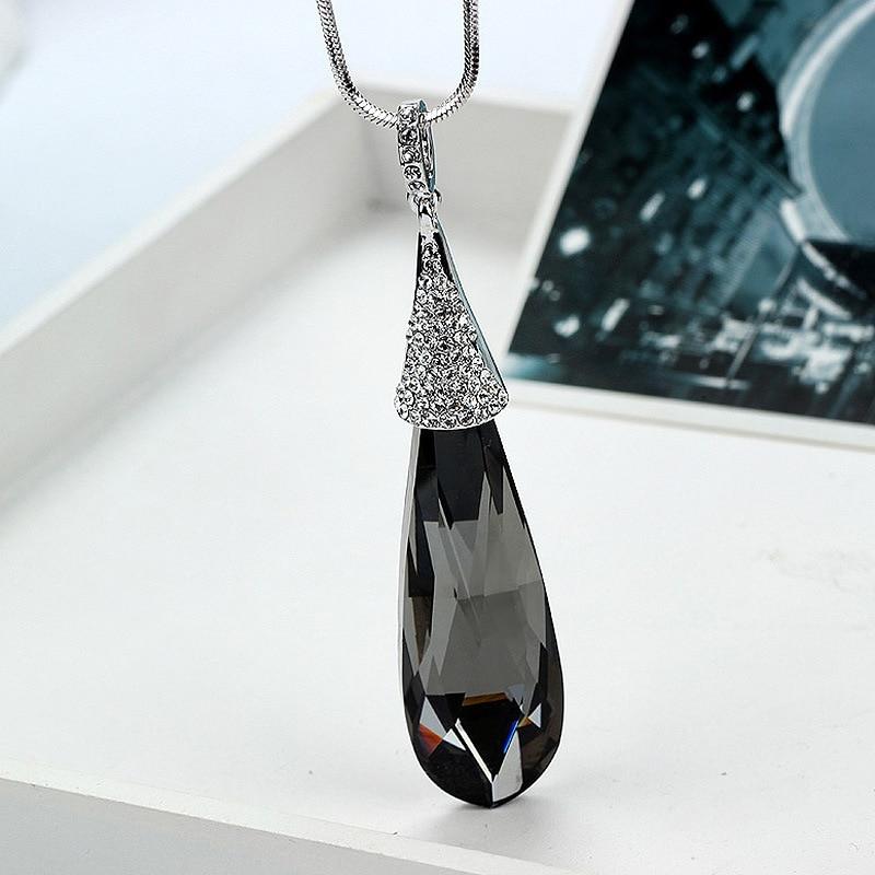 Novo colar longo com pingente de gota de água de cristal da moda para mulheres, joias, acessórios para vestido, suéter, colar, tudo combina