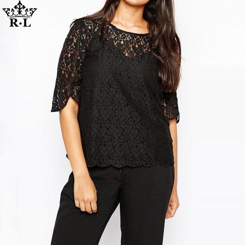 

European and American-Style plus Size See-through Half Sleeve Shirt Lace Black 3XL