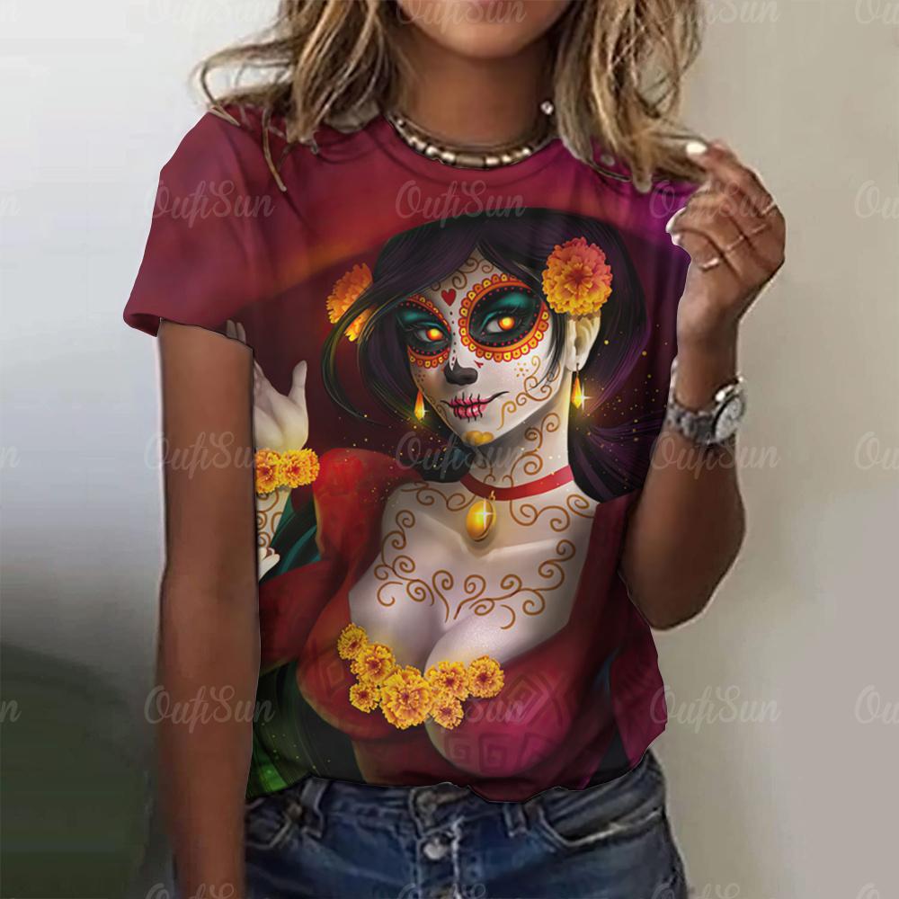 Women Skull Print T-Shirt For Print Harajuku Short Sleeve Tops Autumn O Neck Oversized Sweater Female Casual Clothes