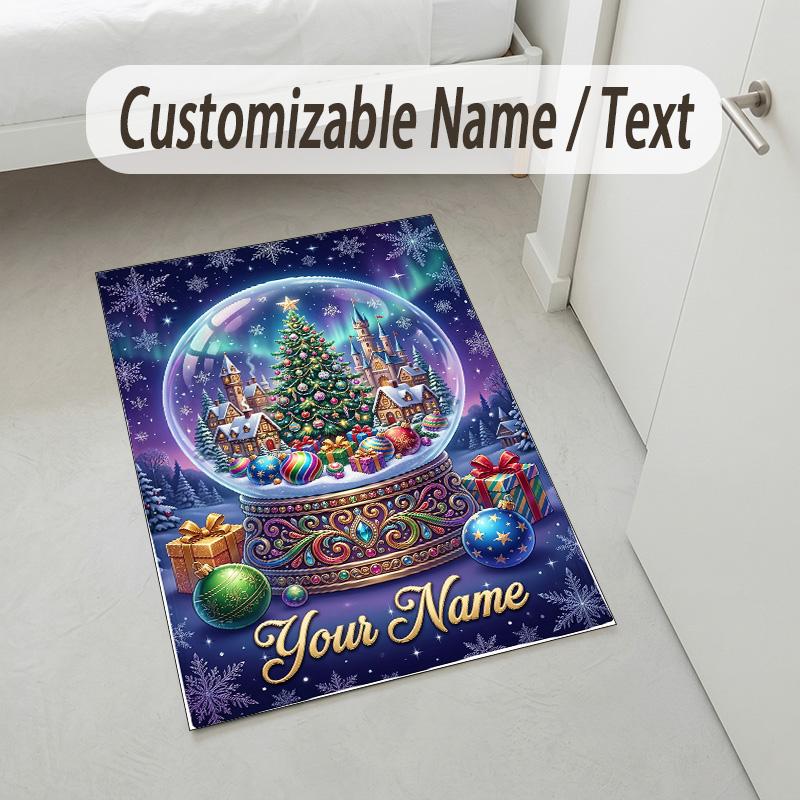 Christmas Theme Crystal Velvet Rug Personalized Custom Name Text Soft Floor Mat Home Decor