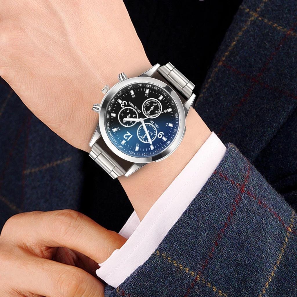 Colorful Blue Light Glass Three-Eye Steel Belt Watch, Men'S Quartz Watch Gift Men'S Watch
