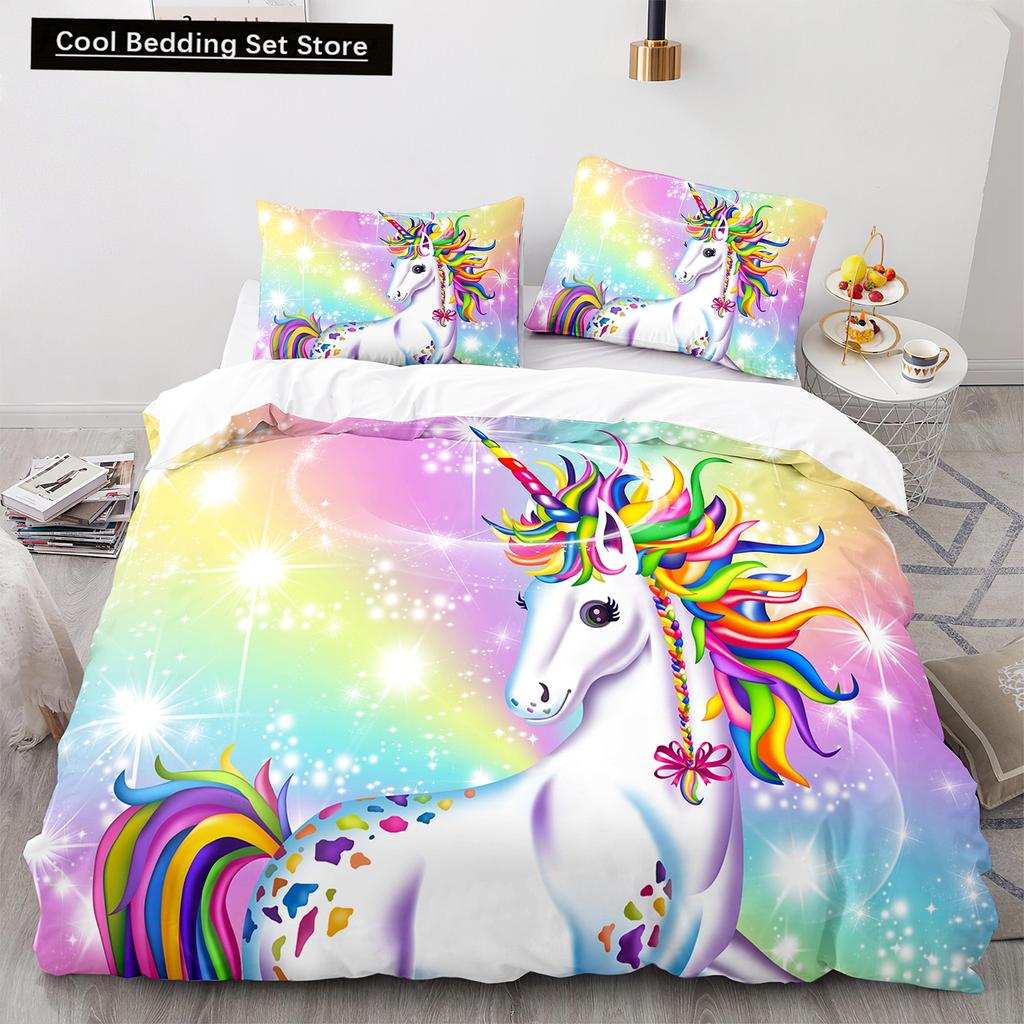 Einhorn-Bettwäsche-Set (King- und Queensize) mit Märchenmotiven und magischen Tieren für Kinder (Jungen und Mädchen) – Sternenuniversum – Polyester-Bettbezug