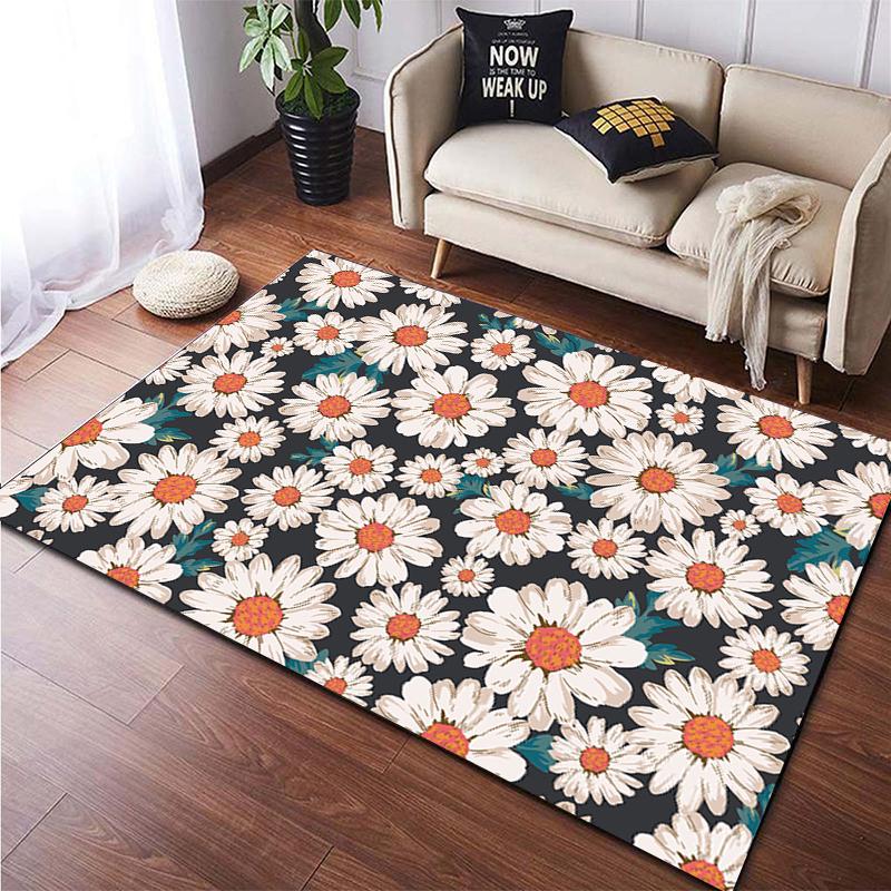 Cartoon Blume Schönes Gemälde Teppich für Wohnzimmer Großer Flächenteppich Schwarz Weicher Teppich Heimdekoration Matten Boho Teppiche