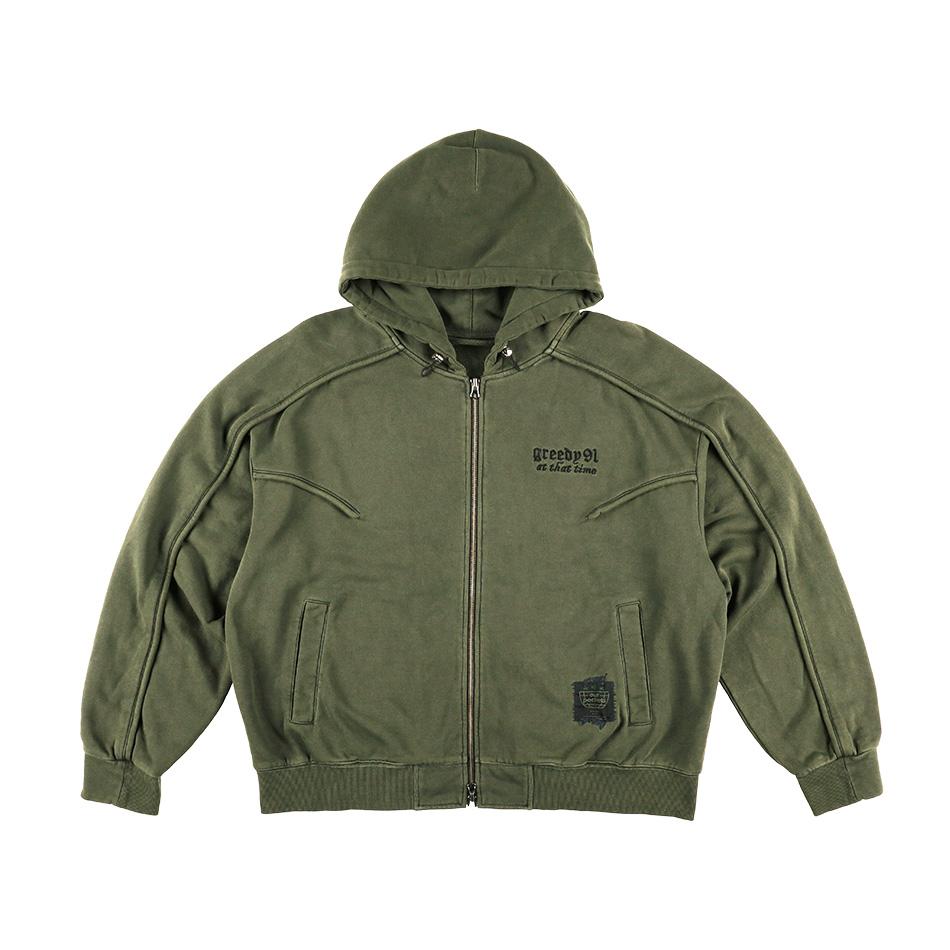 Ourpockets [None Graphic] Grid Garment Dyed Oversized Sweat Full Zip (Shadow Khaki)