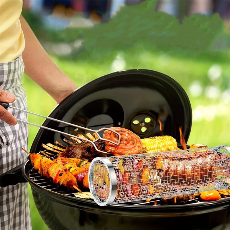 BBQ Rolling Grill Basket Stainless Steel Wire Mesh Barbecue Rack with HooK Portable Outdoor Camping Picnic Cookware Cooking Tool