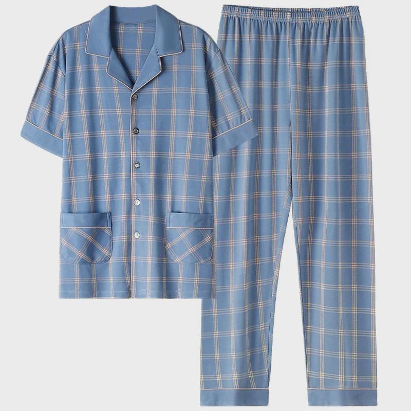 2023 Summer Cotton Short-Sleeve Cardigan Pajama Set for Middle-Aged Men