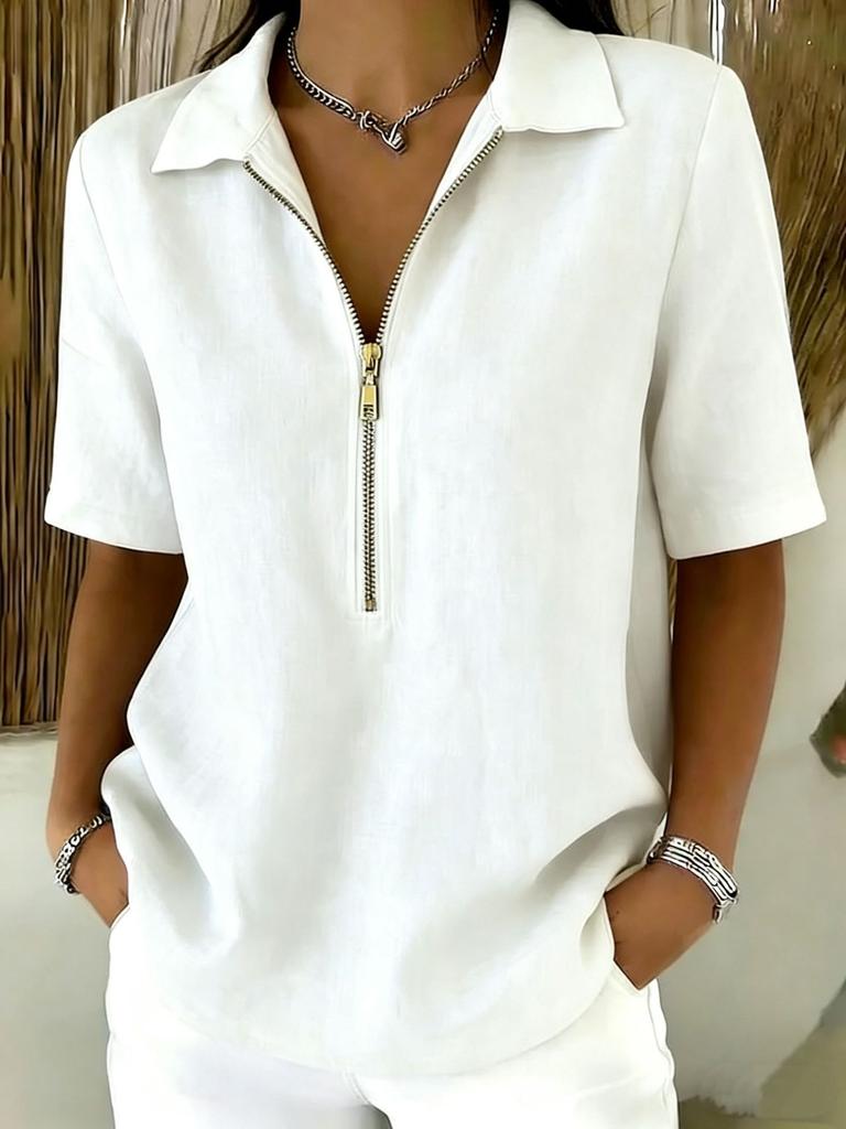 Women Casual Solid Color Lapel Zip Half Sleeve Fashion Blouse