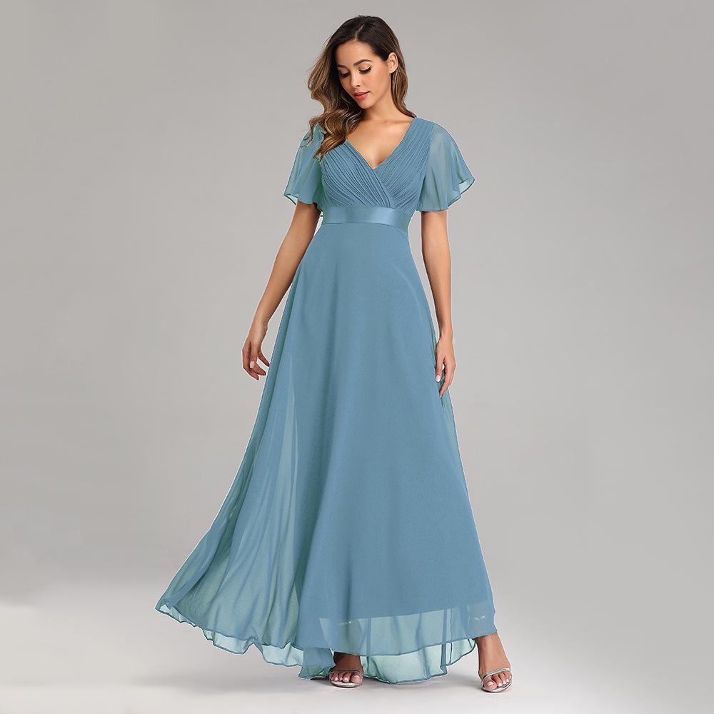 Übergröße Handgefertigt Plissiertes Doppeltes V-Ausschnitt Glockenärmel Chiffon Abendkleid für Frühling/Sommer
