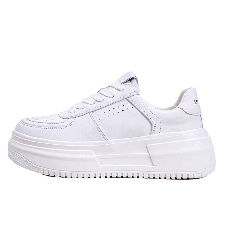 Leather platform white shoes women's spring and summer new heightening versatile lace-up round head white board shoes