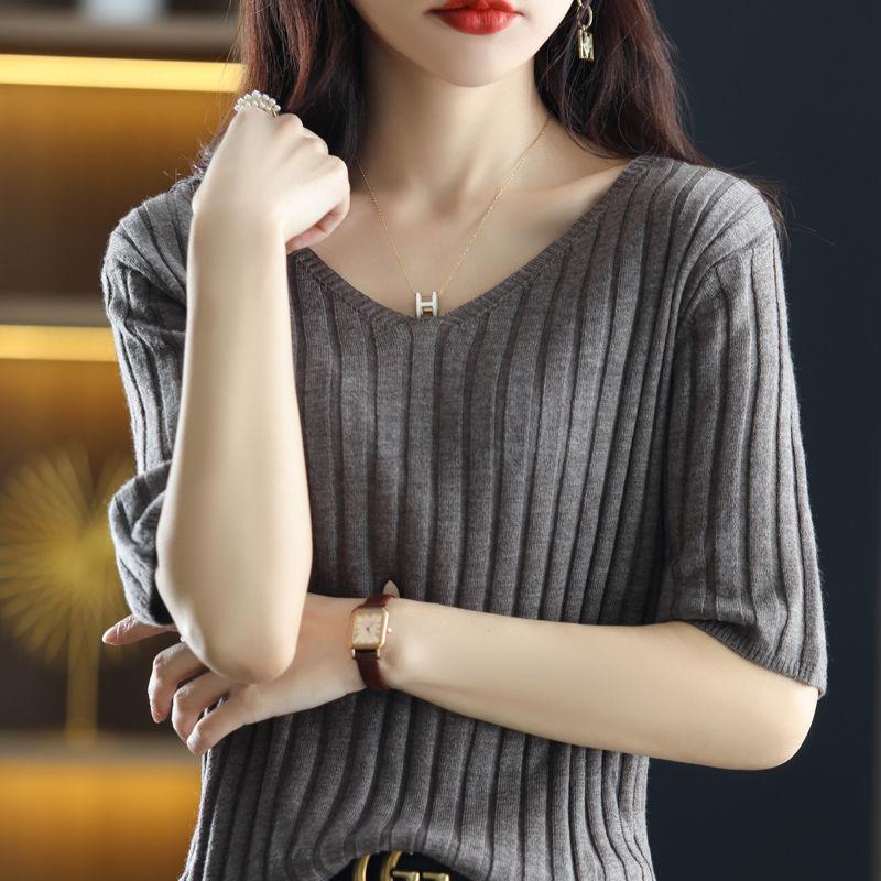 Frühling Sommer Damen V-Ausschnitt Kurzarm Exquisiter Kaschmir Strickpullover Pullover Einfarbig