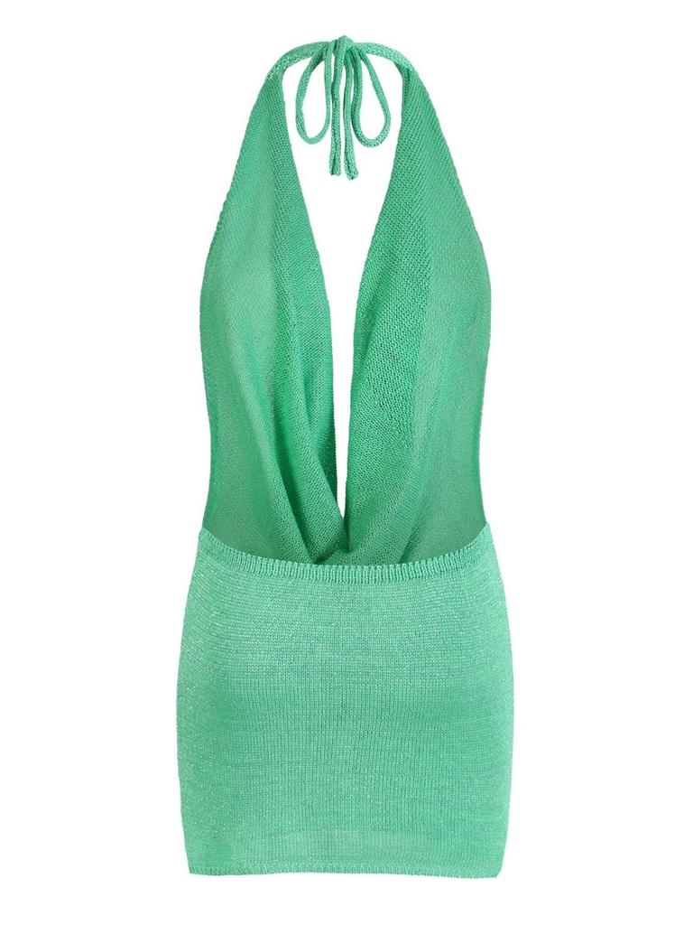 Mini Abito Arancione Lavorato a Maglia Halter da Donna Profondo Scollo a V Schiena Nuda Copricostume da Spiaggia Abito da Festa K145