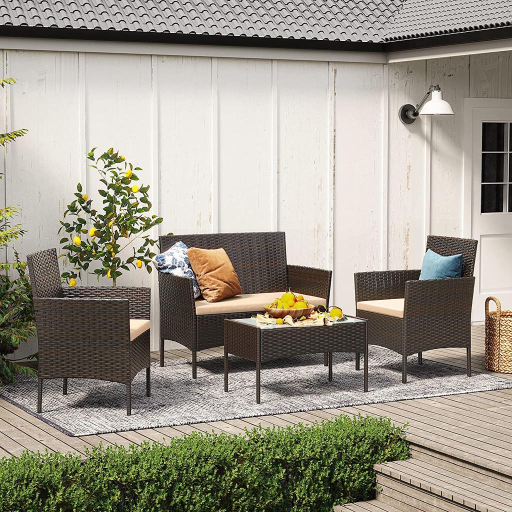 SONGMICS GGF004K05 Balcony Garden Furniture Set PE Polyrattan Lounge Set Patio Furniture Outdoor for Patio Balcony Garden Brown Taupe
