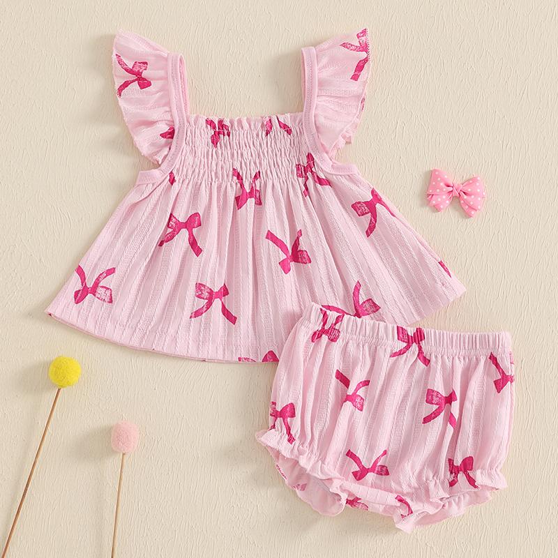 

Newborn Baby Girl Summer Clothes Bow Print Flying Sleeve Tops with Elastic Waist Ruffled Shorts Outfits Clothes 70