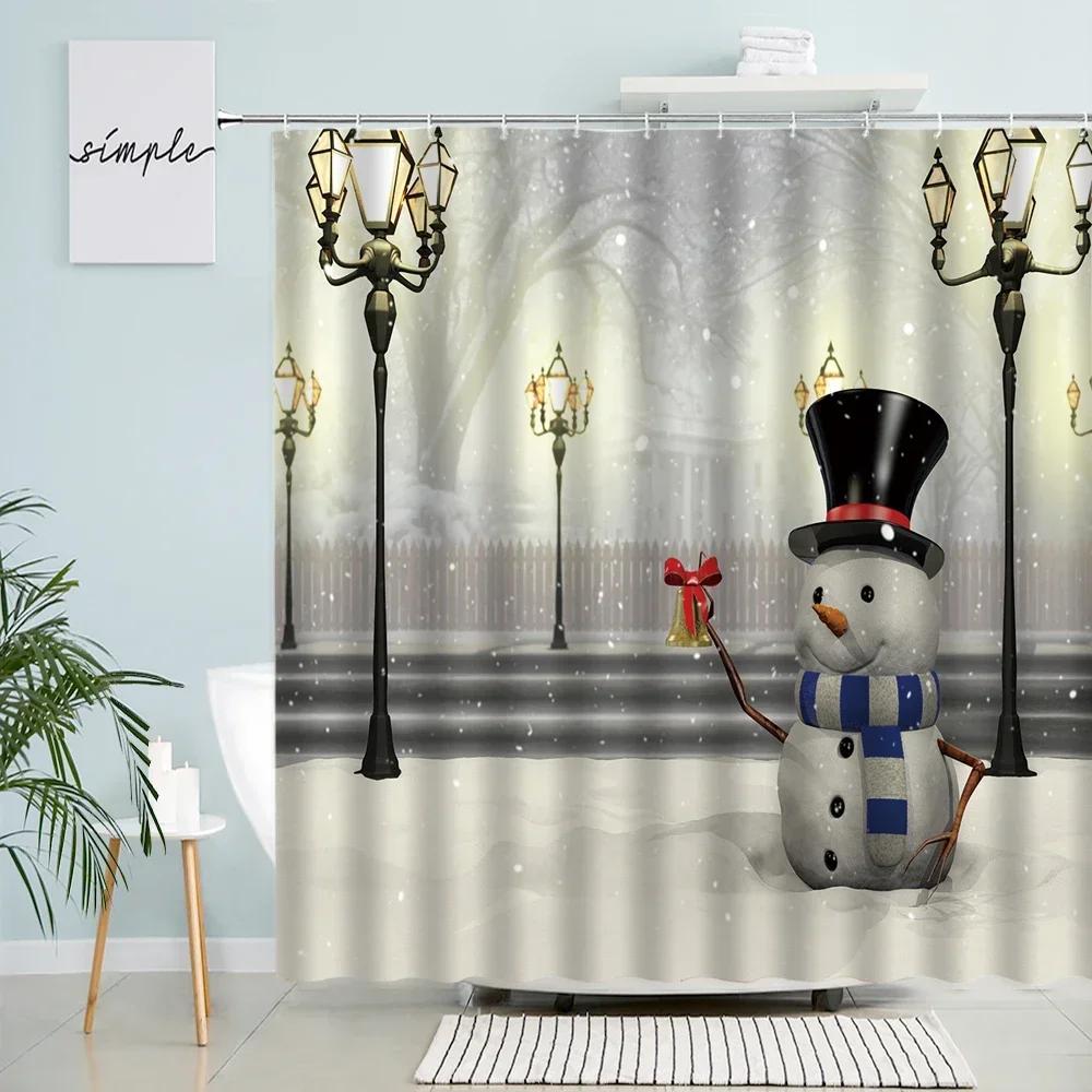Funny Christmas Snowman Shower Curtains Winter White Forest Cedar Xmas Ball New Year Holiday Decor Bathroom Fabric Bath Curtain