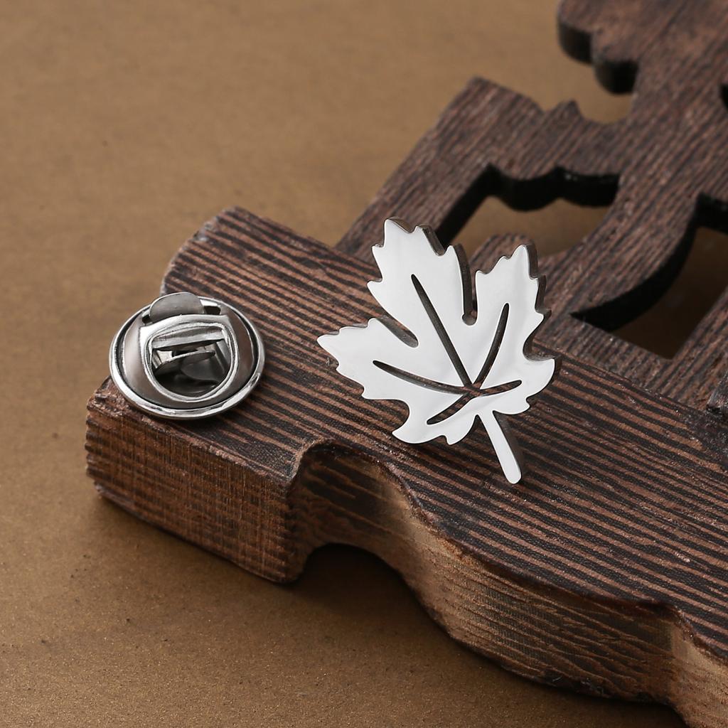 Stainless Steel Maple Leaf Brooch, Hollow Leaf Design with Branching Edge and Vein Details,
