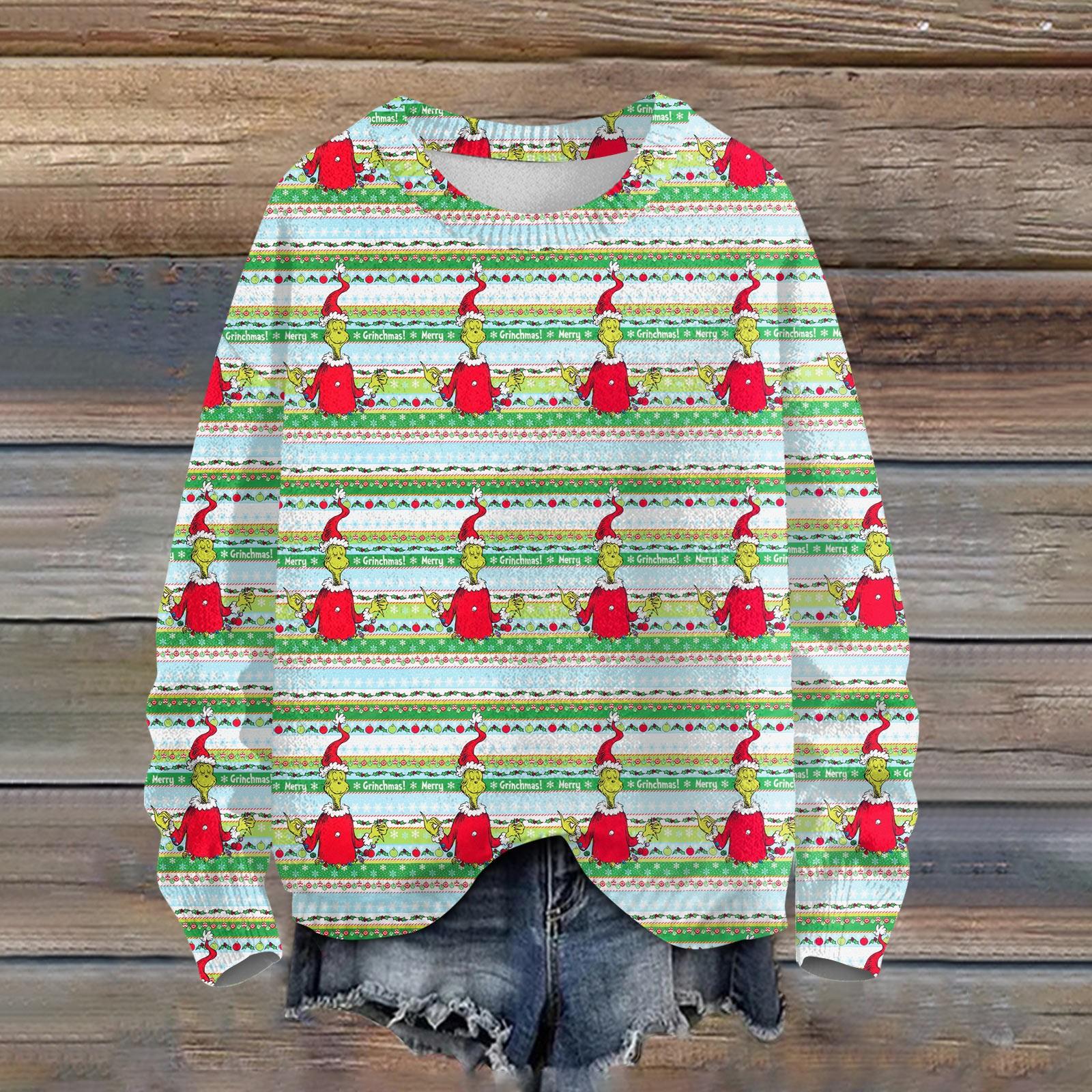 

Женская мода круглый вырез повседневный длинный рукав рождественский принт шерстяной трикотажный топ M