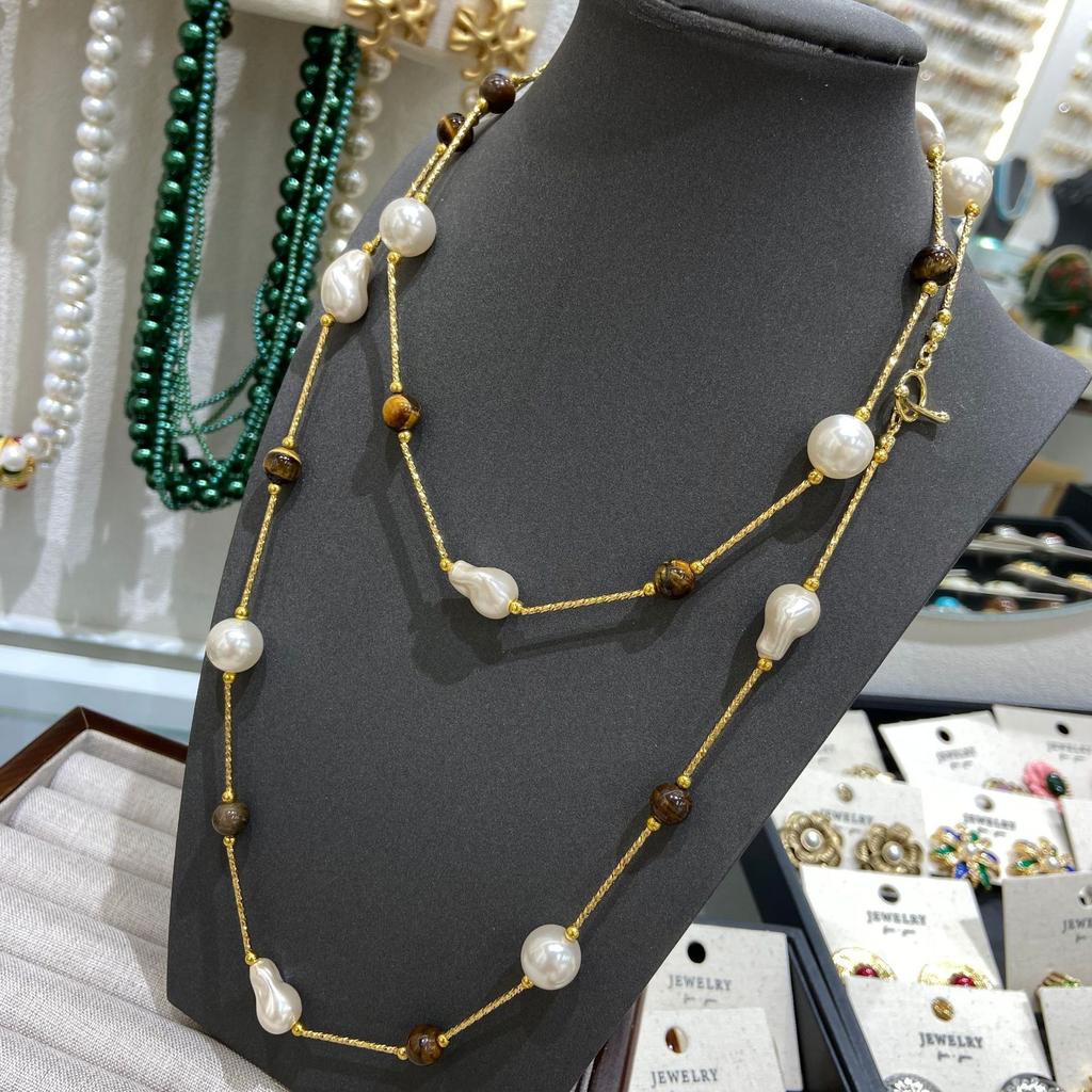 Tiger'S Eye Stone Bamboo Pendant Necklace Retro Maillard Versatile Long Sweater Chain Light Luxury High-End Jewelry