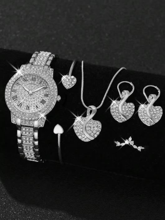 Trendy Roman Numerals Luxury Diamond-Encrusted Cuban Bracelet With Women'S Watch, Fashionable Hip-Hop Steel Watch