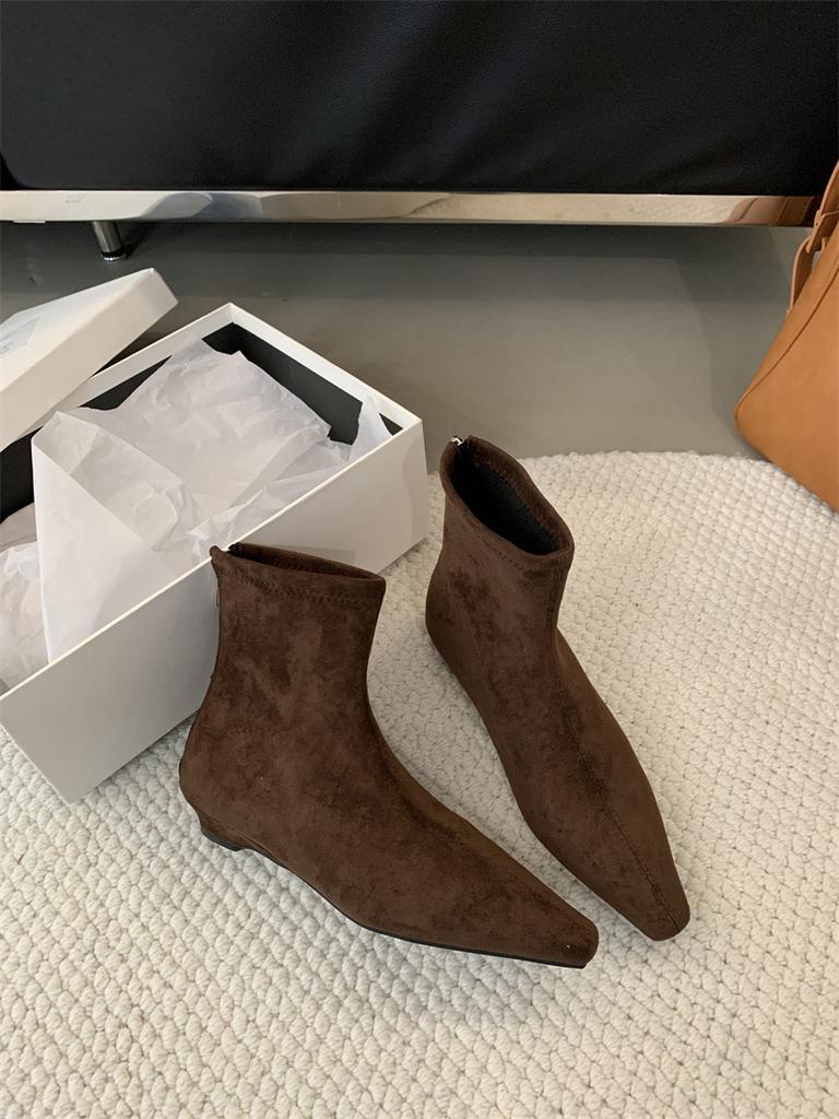 French Low Heel Suede Back Zipper Boots Women'S Boots Autumn And Winter Kitten Fleece Skinny Boots Heel And Ankle Boots