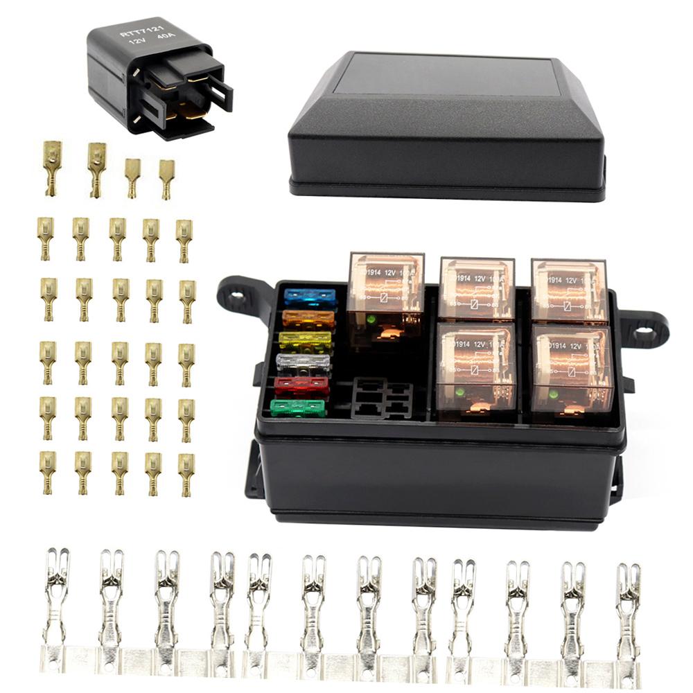 12 Slot Relay Box 6 Relays Slots 6 ATC ATO Standard Fuses Holder Block with 6Pcs Relays, 6Pcs Fuses Universal for