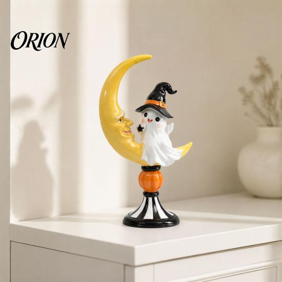Festive Holiday Tabletop Pieces Halloween Ghost And Moon Resin Ornaments, Cute Spooky Figurine, Seasonal Room Decor Items Statue with Pumpkin Elements