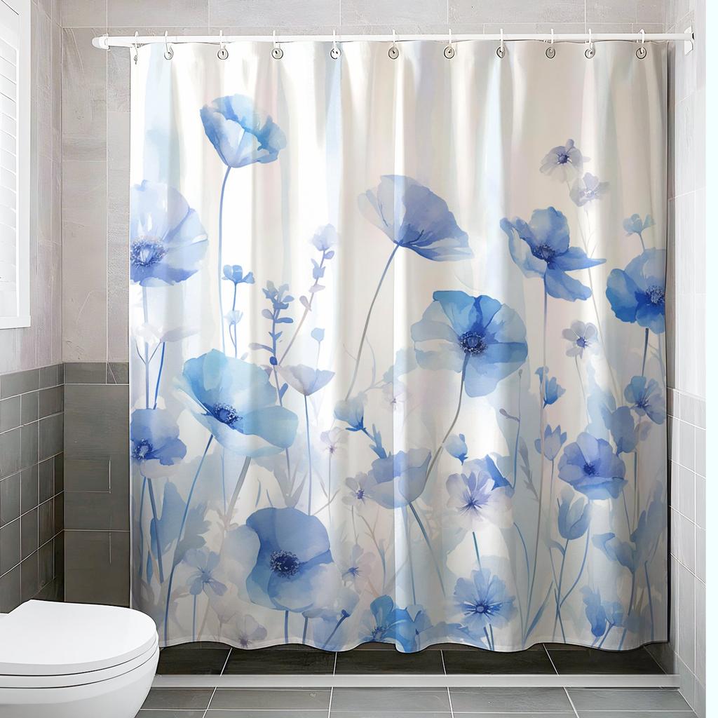 Enhance Your Bathroom with a Waterproof Shower Curtain Featuring Delicate Blue Flowers for a Fresh and Elegant Look