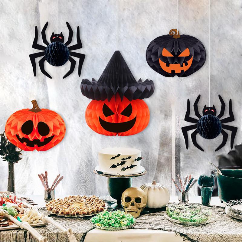 8Pcs/set Halloween Party Decoration Honeycomb Ball Hanging 3D Spider Pumpkin Paper Lantern Crafts for Home Indoor Outdoor Decor