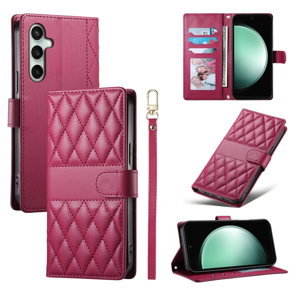 For Samsung Galaxy S25 FE Case Rhombus Stitching Wallet Stand Leather Phone Cover with Long/Short Strap