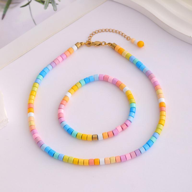 Trendy New Arrival Alloy Colorful Beaded Collarbone Necklace Beaded Chain Bracelet Jewelry Set for Women