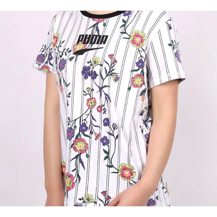 Puma Floral Logo Round Neck Short Sleeve T-Shirt Women Tops White 597470-02