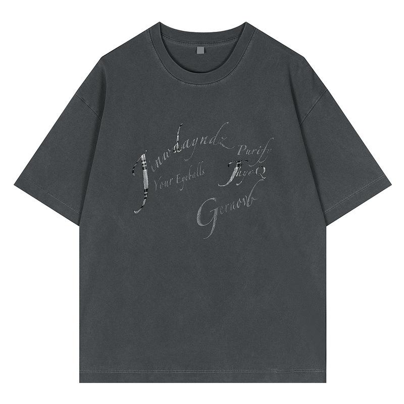 American niche high street trendy brand cursive letter print summer loose 260G cotton heavyweight trendy short-sleeve T-shirt for men M темно-серого