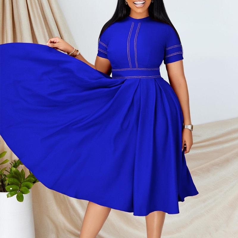 Summer Temperament Elegant Splicing Pleated Short-sleeved Characters Large Size Women's African Dress